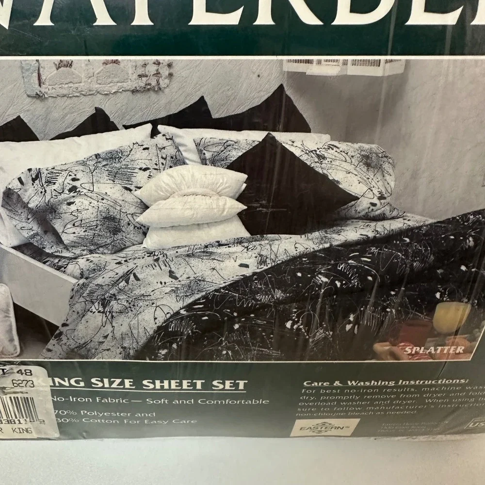 Vintage King Waterbed Sheet Set Splatter Pattern Black White Made in USA